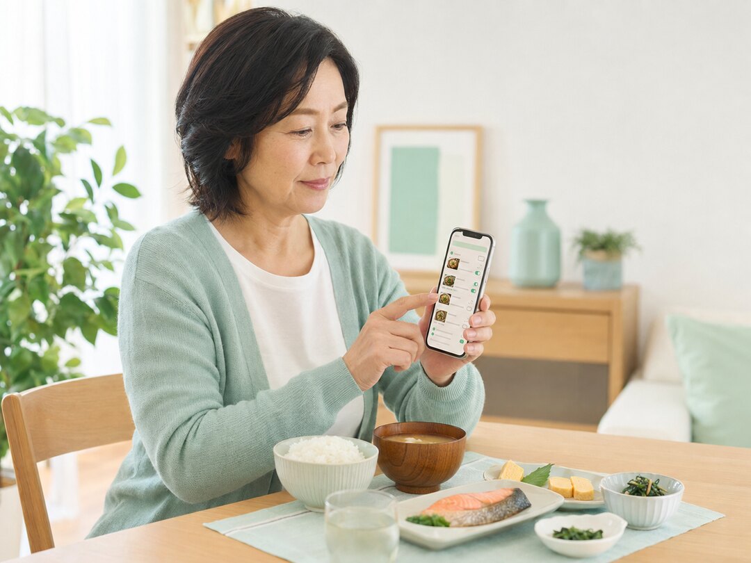 スマートフォンでAIの読取り結果を確認する女性