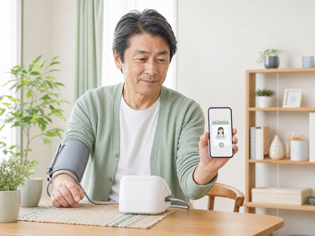 血圧の測定後にスマートフォンで相談案内を確認する男性
