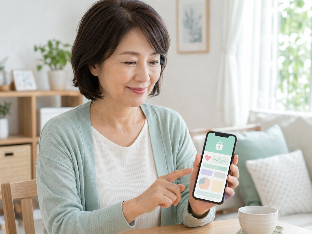 自分の健康記録を安心して確認する女性