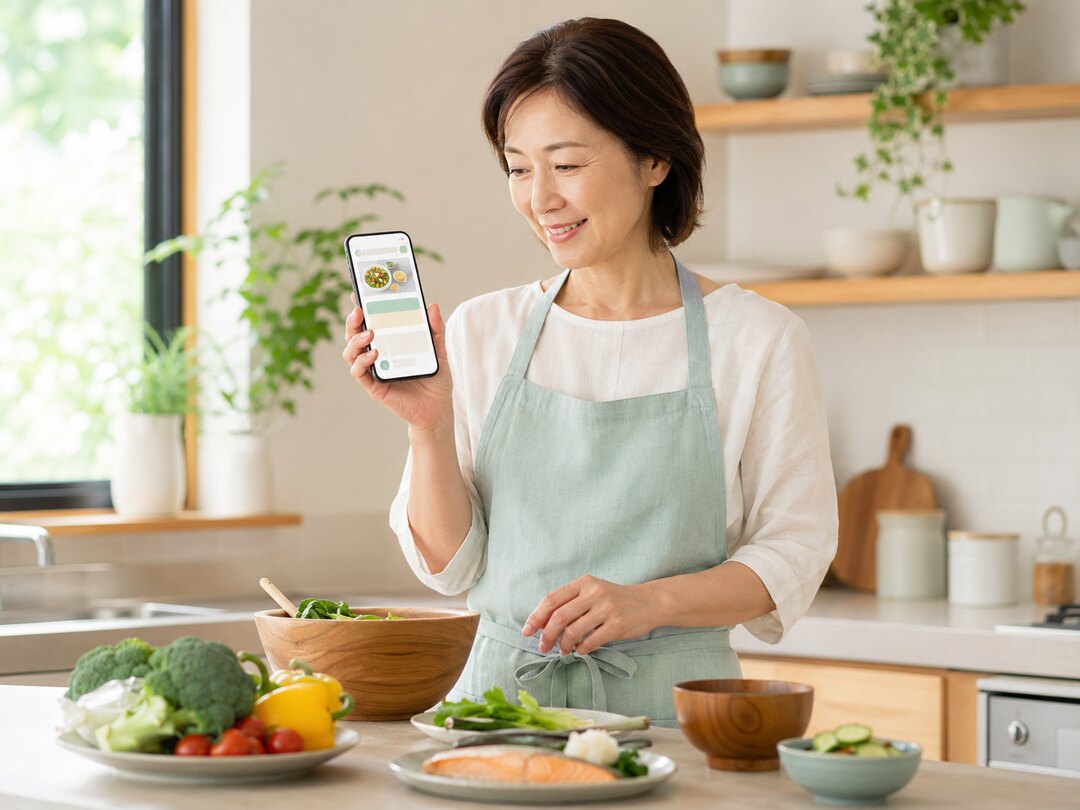 スマートフォンの提案を見ながら健康習慣を続ける女性